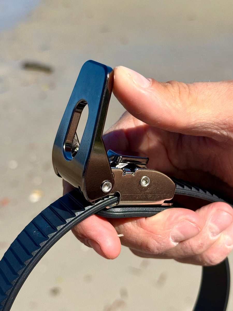 Close-up of the stainless steel ratchet buckle on a ZBAD1 Gen 2 GripLock strap