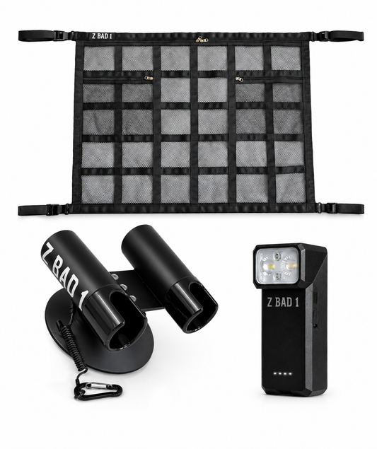 The Touring Kit - Gen 2 Cargo Net + Magnetic Multi Torch + Suction Mount Rod Holder
