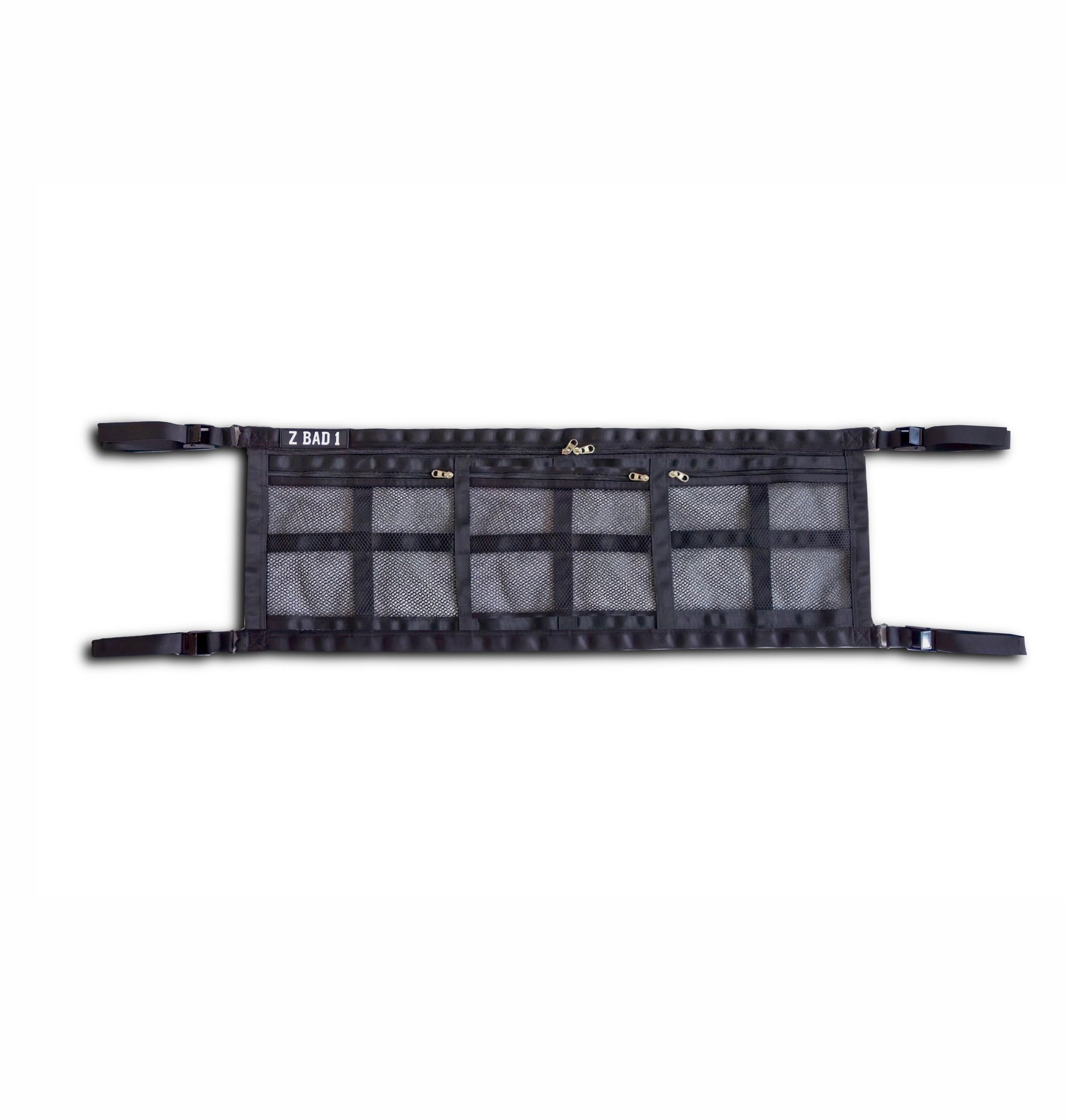 ZBAD1 half length marine cargo net laid flat, showing mesh pockets, zips and mounting straps