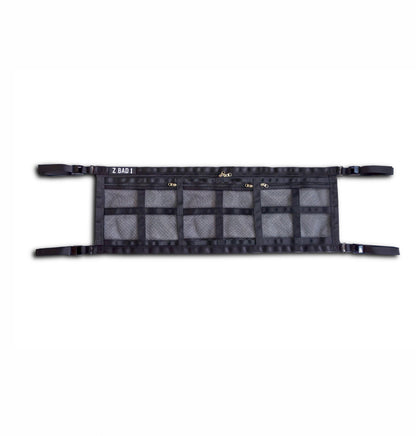 ZBAD1 half length marine cargo net laid flat, showing mesh pockets, zips and mounting straps