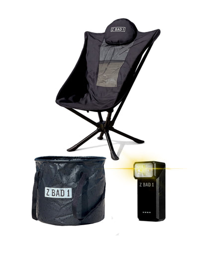 Camping Essentials Kit - Spinning Camp Chair + Flexi Bucket + Multi Torch